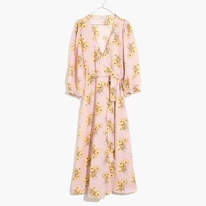 Madewell Linen Blend Ruffle Wrap Dress Pink Dutch Dandelions Medium Cottagecore